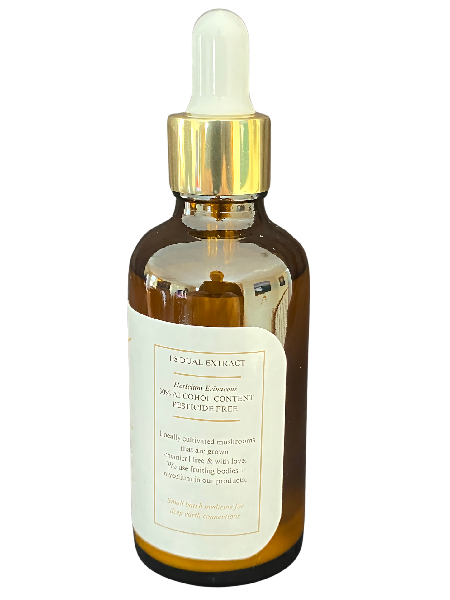 A brown tincture bottle with a gold dropper cap and a white label displaying product details on the back, featured for the Healing by Nature website.







