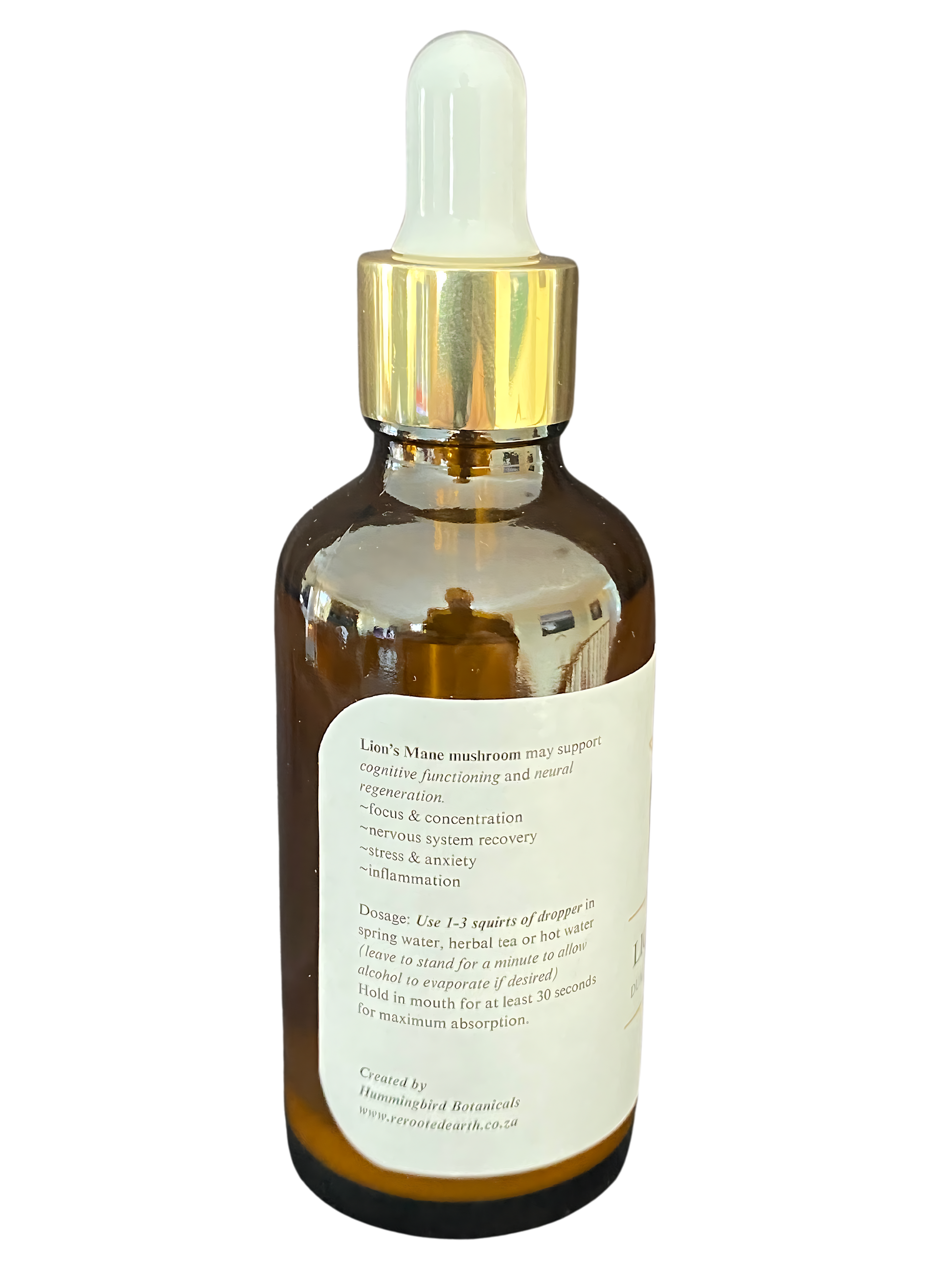 A brown tincture bottle with a gold dropper cap and a white label listing the ingredients and usage instructions, featured for the Healing by Nature website.