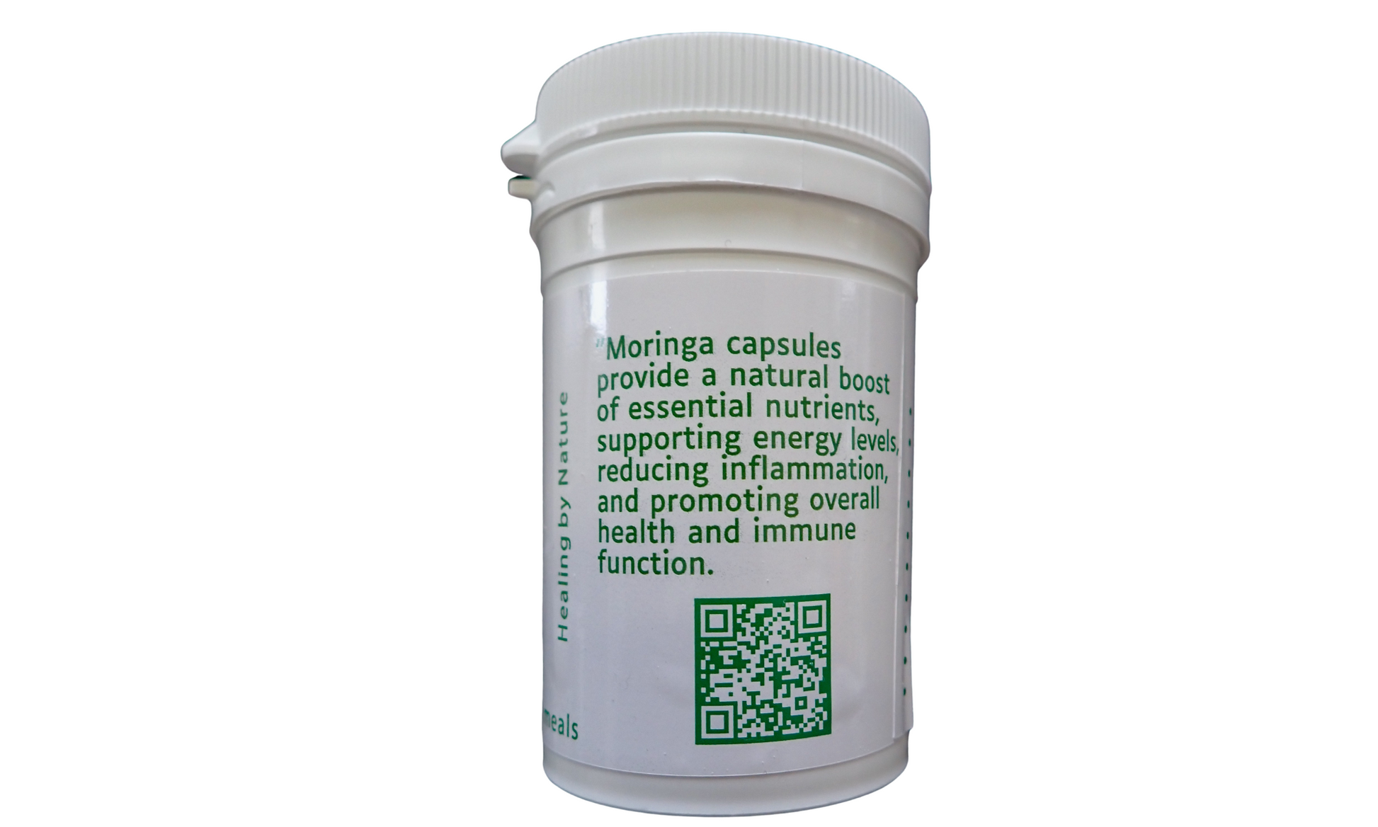 "Side label of Moringa capsules highlighting benefits like boosting energy, reducing inflammation, and supporting overall health and immune function."