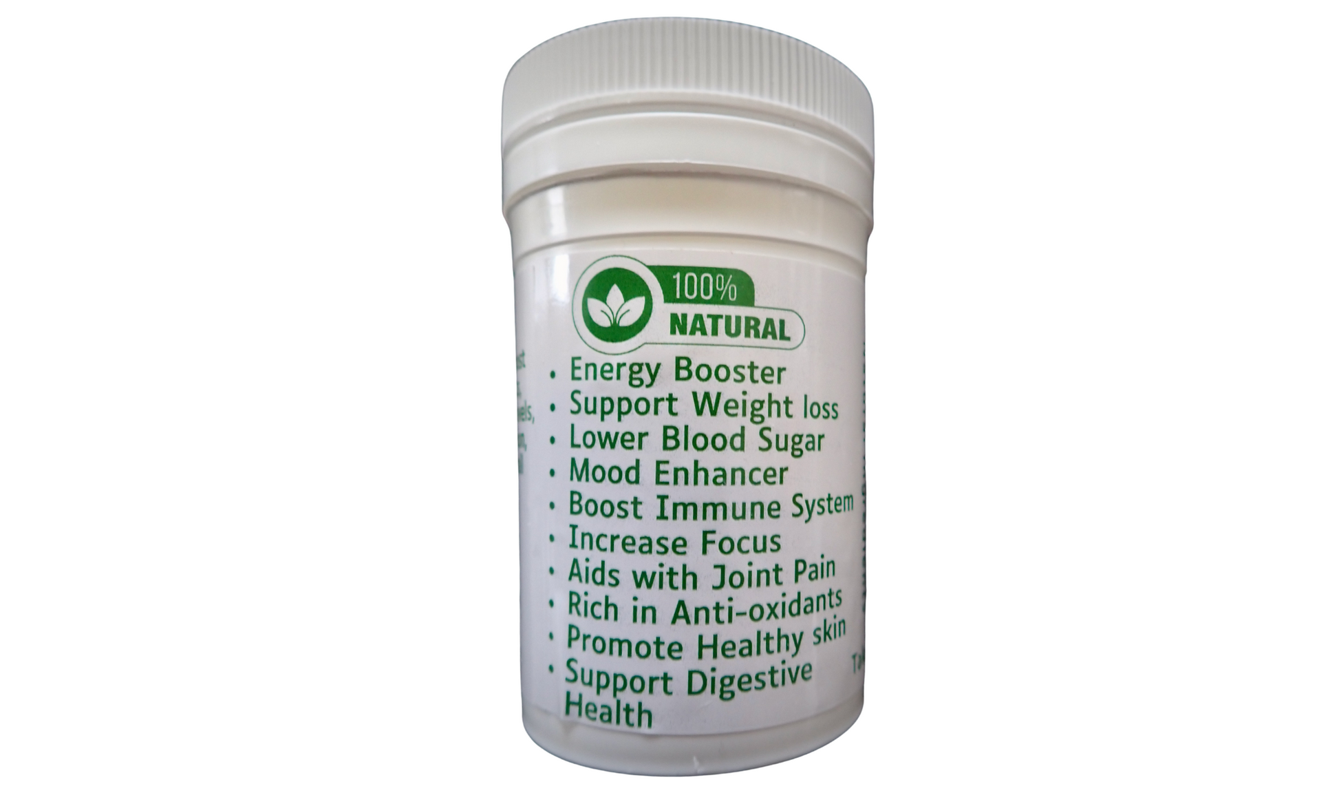 Back label of Moringa capsules highlighting benefits like energy boost, weight loss support, mood enhancement, joint pain relief, and digestion aid.