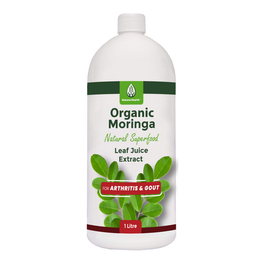 1-litre bottle of Healing by Nature's Organic Moringa Leaf Juice Extract, formulated for arthritis and gout relief with natural ingredients."