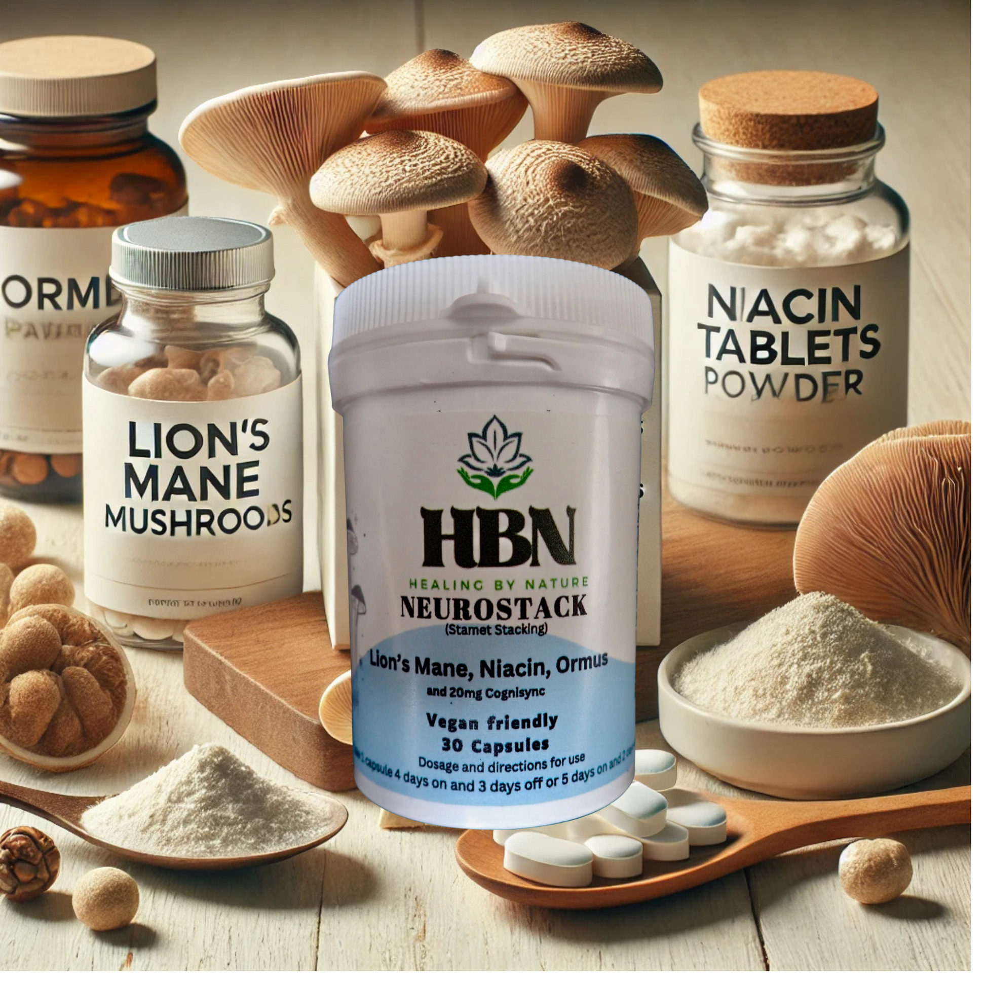 HBN Neurostack bottle surrounded by key ingredients: Lion's Mane mushrooms, niacin tablets, and Ormus powder in jars and bowls, showcasing natural composition.