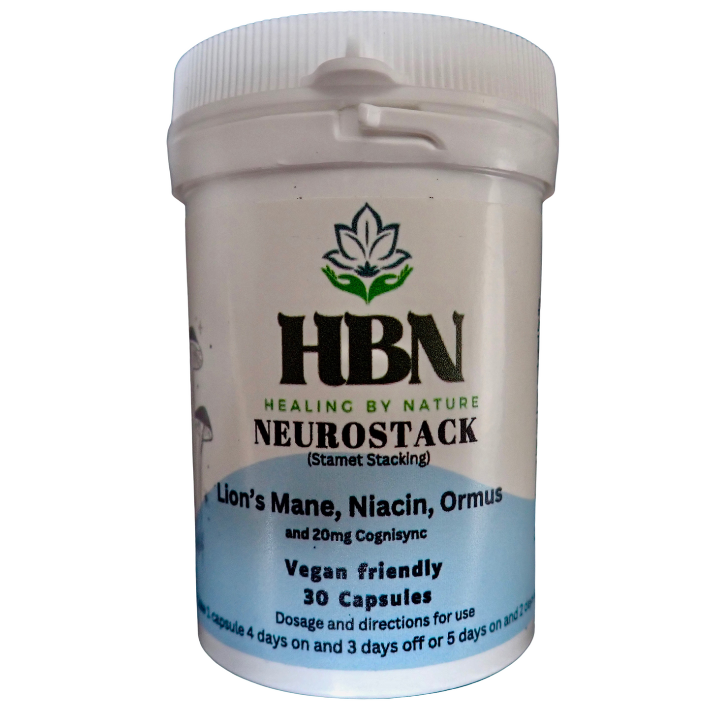 A white bottle labeled "HBN Neurostack" with ingredients like Lion's Mane, Niacin, and Ormus. Vegan-friendly, 30 capsules, cognitive support.