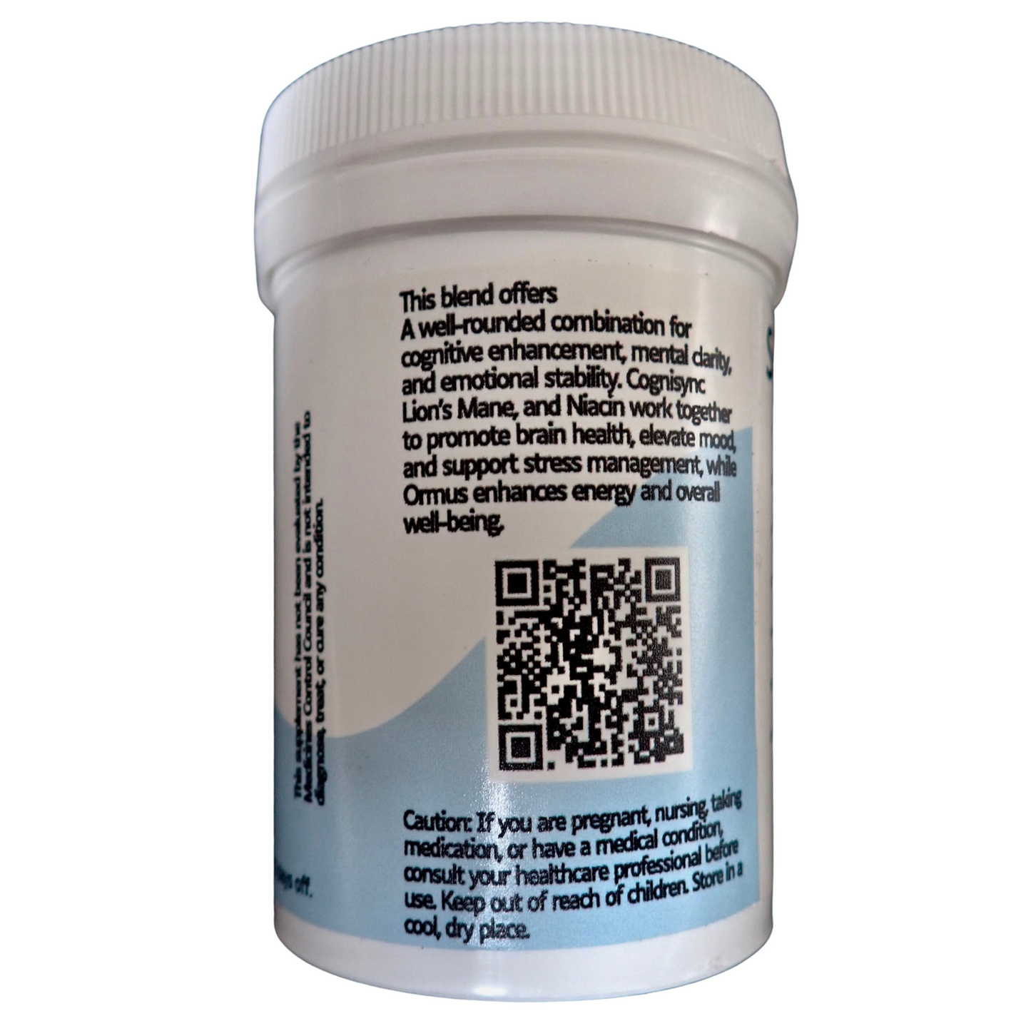 White bottle side label with description of cognitive and mood benefits, QR code, and caution for pregnant or nursing users.