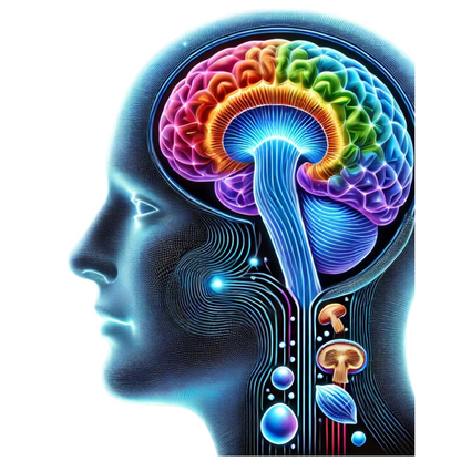 Illustration of a human head profile showing a colorful brain with vibrant neural pathways. Depicts enhanced cognitive activity, with mushrooms symbolizing natural supplements for brain health.