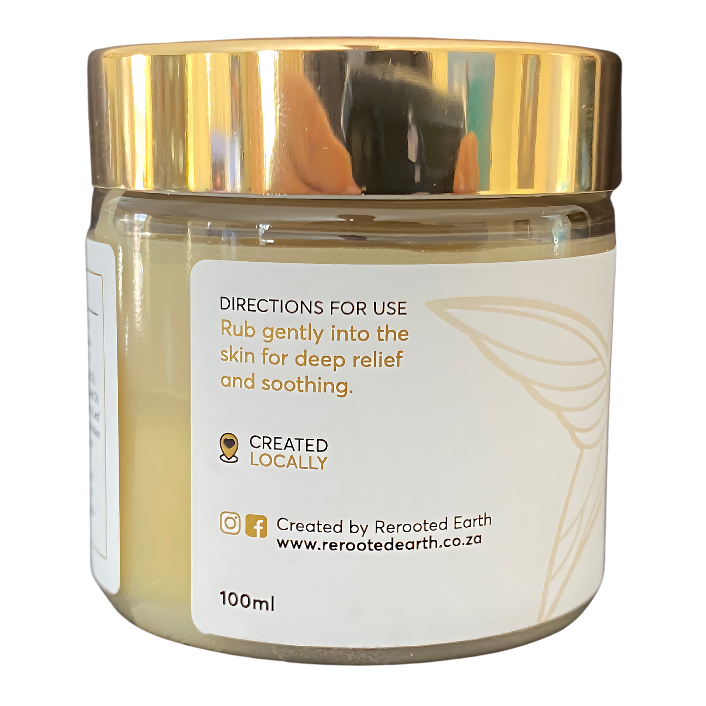 A jar of Nourish Regenerative Fynbos Balm with a gold lid, showing usage instructions to rub gently for deep relief. The label highlights the locally crafted product