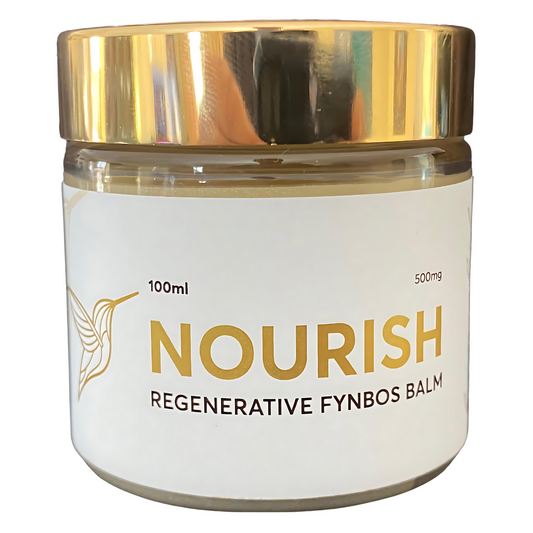 A jar of Nourish Regenerative Fynbos Balm with a gold lid and a white label, indicating 100ml and 500mg, designed for healing and skincare