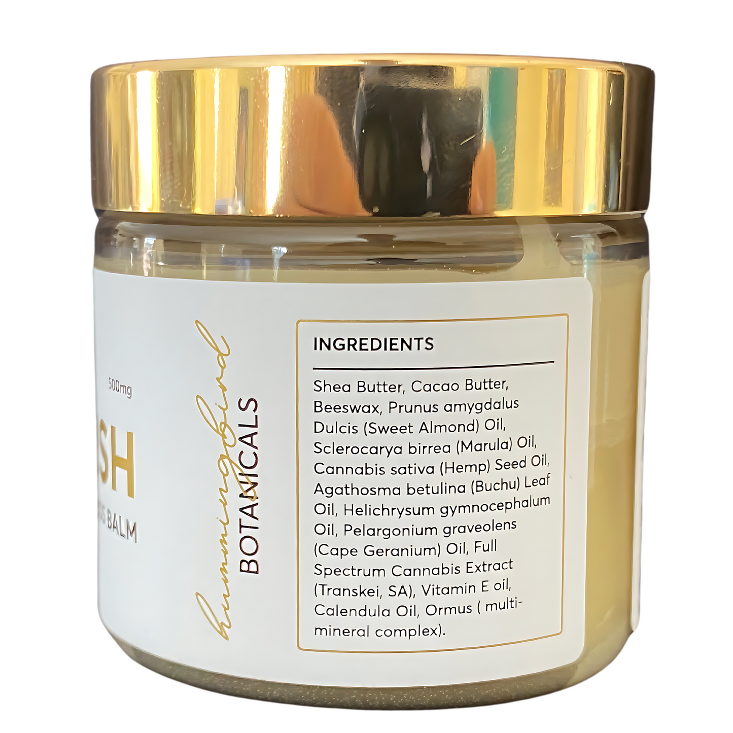 A jar of Nourish Regenerative Fynbos Balm with a gold lid, displaying the ingredients list on the label, which includes natural oils and botanical extracts.