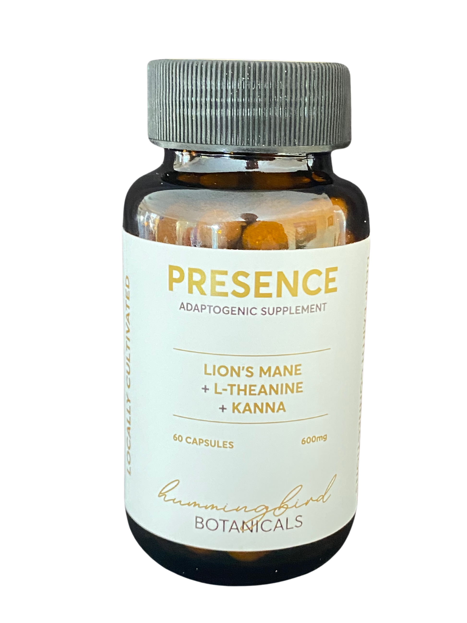 A bottle of Presence adaptogenic supplement featuring Lion’s Mane, L-Theanine, and Kanna. The label highlights 60 capsules at 600mg