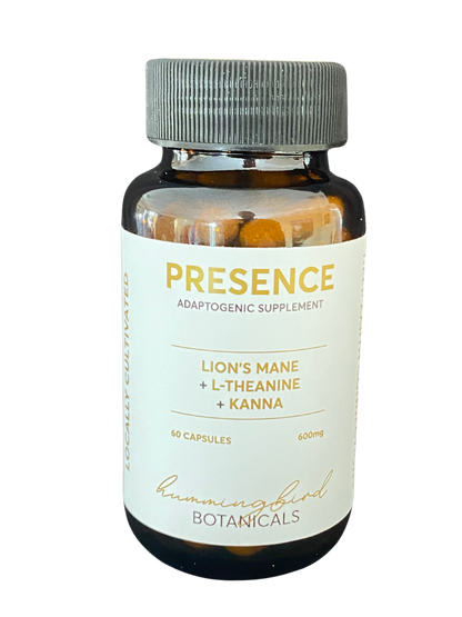 A bottle of Presence adaptogenic supplement featuring Lion’s Mane, L-Theanine, and Kanna. The label highlights 60 capsules at 600mg