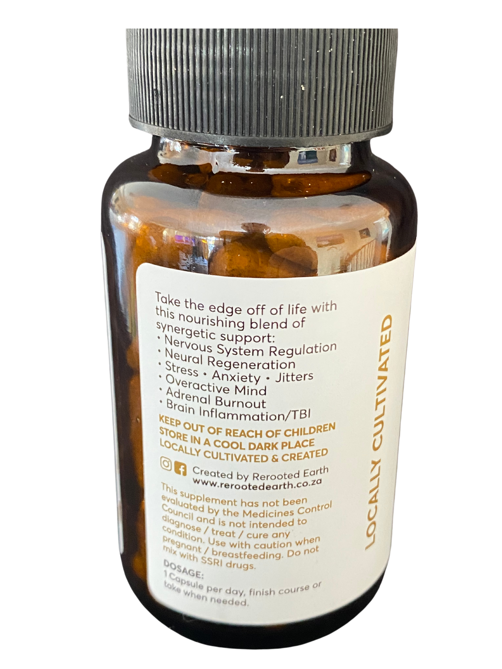 A bottle of Presence adaptogenic supplement highlighting benefits like nervous system regulation and stress relief. The label includes usage instructions 