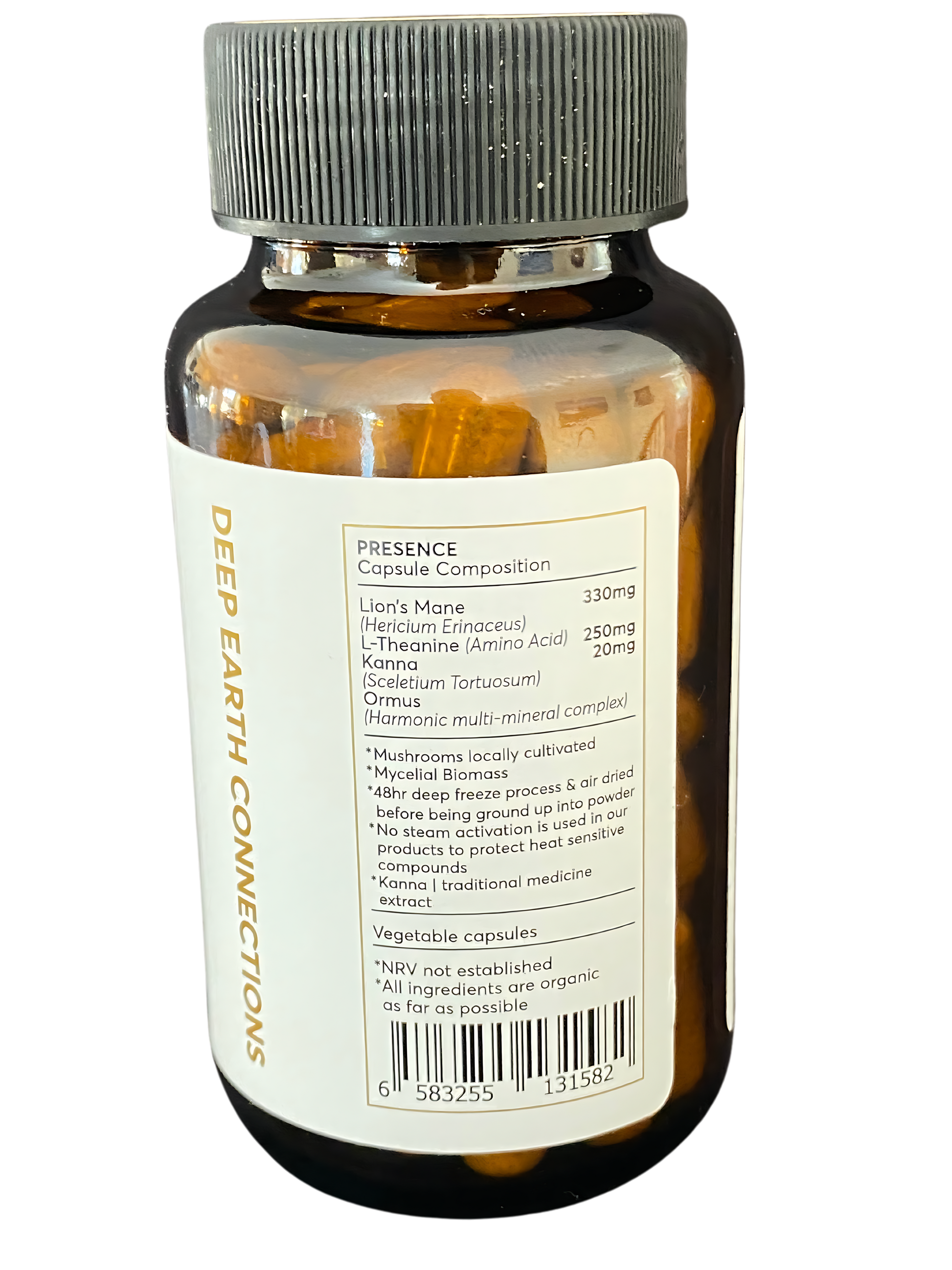 A bottle of Presence adaptogenic supplement showing the ingredient list and dosage information on the back label. The bottle is partially filled with capsules.