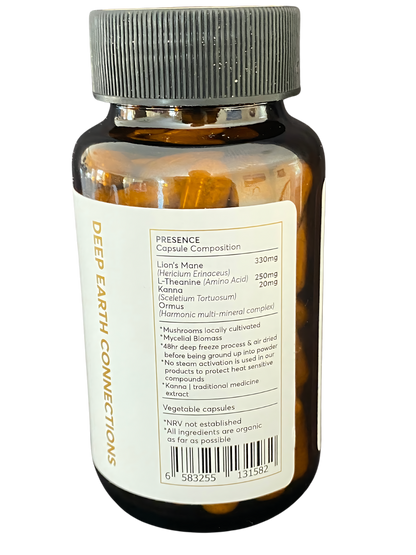 A bottle of Presence adaptogenic supplement showing the ingredient list and dosage information on the back label. The bottle is partially filled with capsules.