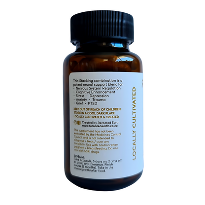 A bottle of Regenerate supplement showing the back label with benefits like cognitive enhancement and stress relief. The label highlights that it is locally cultivated and created.