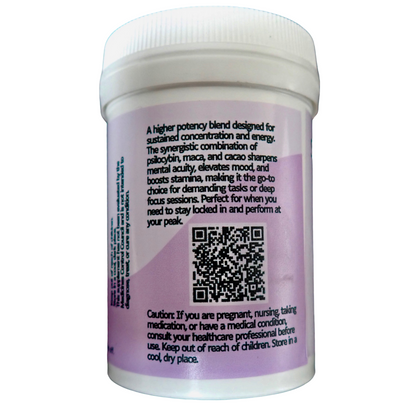 Side label of HBN Hyper Focus bottle describing psilocybin, maca, and cacao blend for concentration and energy, includes QR code and caution.