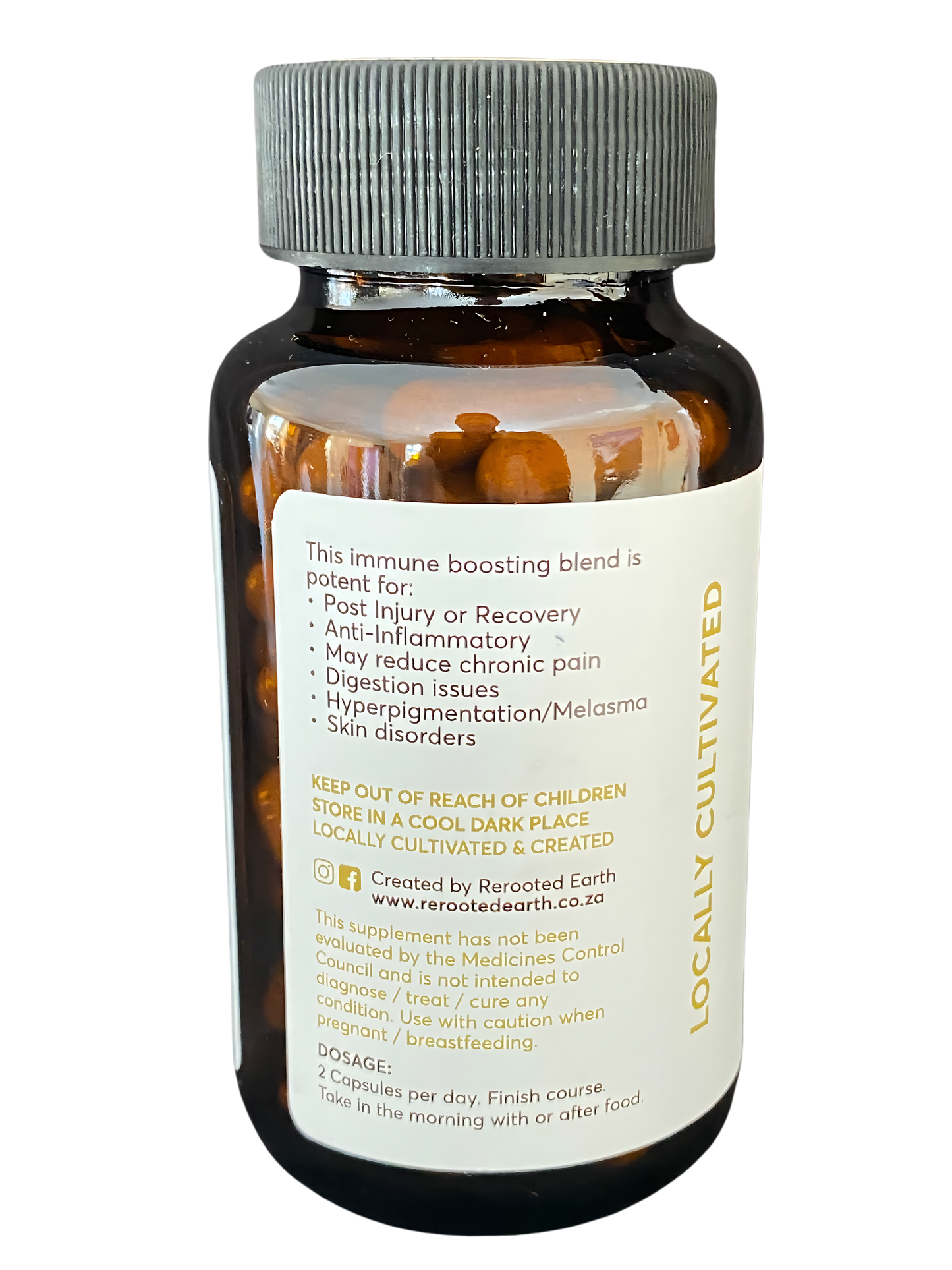 A bottle of Thrive supplement showing the back label with benefits like immune support, anti-inflammatory properties, and skin health. The label emphasizes the product is locally cultivated and created.