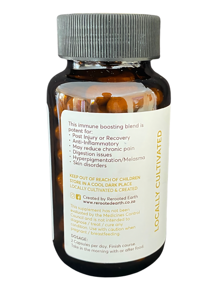 A bottle of Thrive supplement showing the back label with benefits like immune support, anti-inflammatory properties, and skin health. The label emphasizes the product is locally cultivated and created.