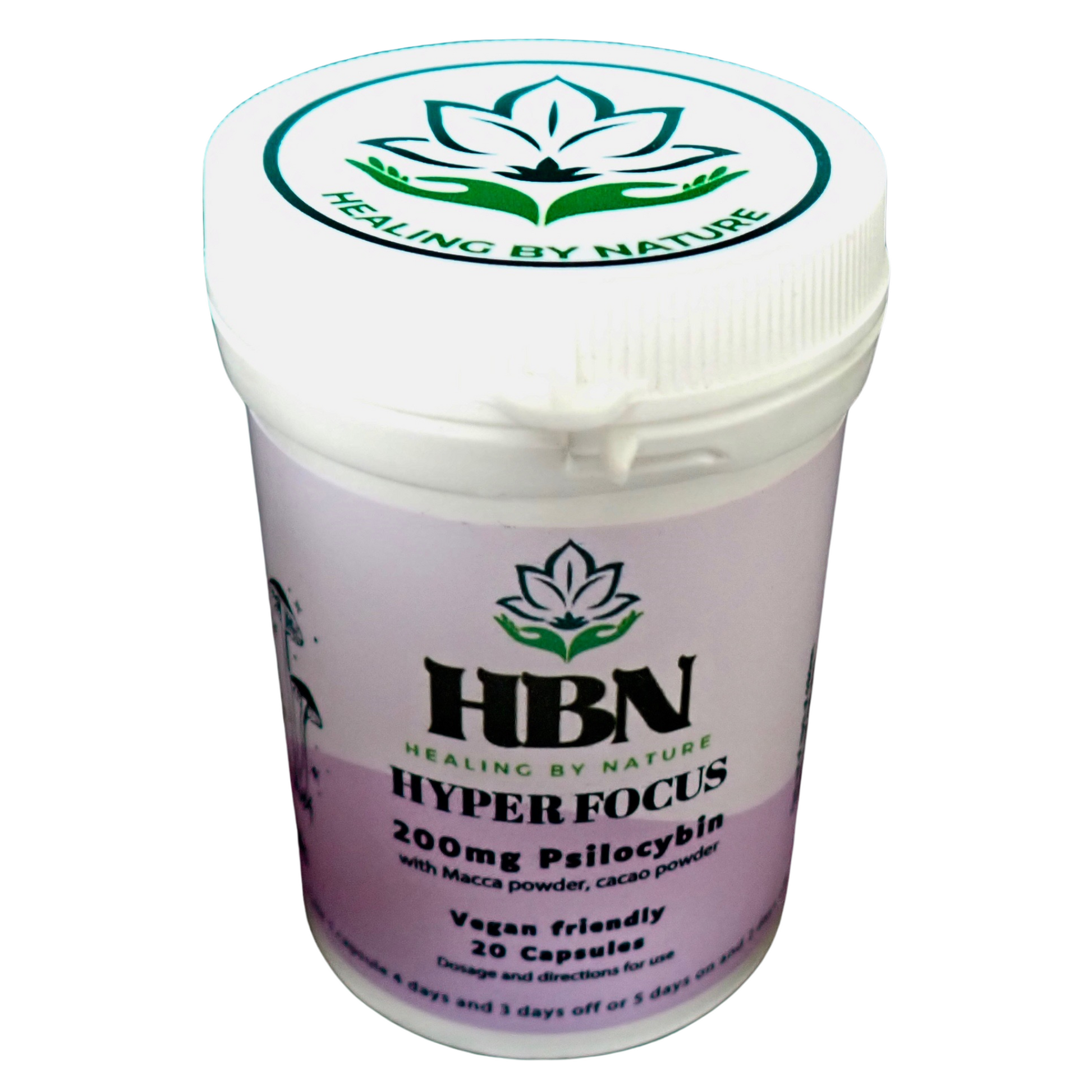 Top view of HBN Hyper Focus bottle with logo on lid. Label shows 200mg psilocybin, maca powder, cacao powder. Vegan-friendly, 20 capsules.