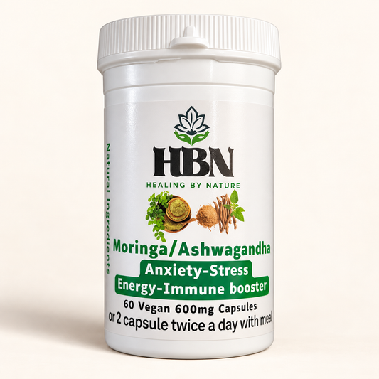 HBN Ashwagandha and Moringa blend, front bottle marked 60 capsules
