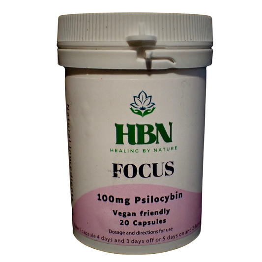 White plastic bottle with a green 'HBN' logo, labeled 'Focus' in bold letters. Below, it reads '100mg Psilocybin,' 'Vegan friendly,' and '20 Capsules.' The label has a light pink bottom section. The lid is ribbed for grip, and dosage instructions are printed in small text at the bottom of the label."