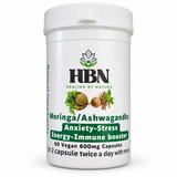 Healing by Nature Ashwagandha and Moringa bottle labelled 60 vegan 600 mg capsules on a light background