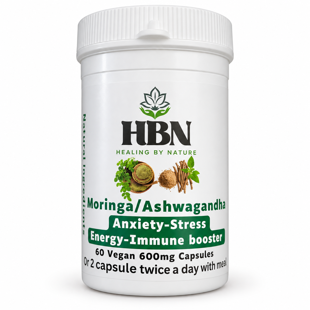 Healing by Nature Ashwagandha and Moringa bottle labelled 60 vegan 600 mg capsules on a light background