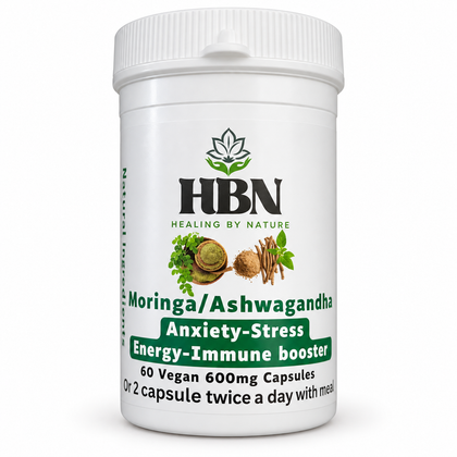 Healing by Nature Ashwagandha and Moringa bottle labelled 60 vegan 600 mg capsules on a light background