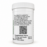 Ashwagandha and Moringa bottle label showing 400 mg Moringa leaf powder, 200 mg Ashwagandha and a QR code