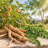 AI-generated illustration of Ashwagandha roots and Moringa leaves with growing plants in a sunlit garden
