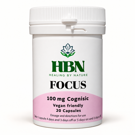 Healing by Nature Focus bottle labelled 100 mg Cognisic and 20 vegan-friendly capsules on a light background
