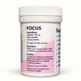 Focus bottle back label listing Cognisic 100 mg, maca powder, cacao powder, cautions and storage instructions
