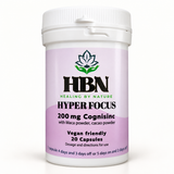 Healing by Nature Hyper Focus bottle labelled 200 mg Cognisinc with maca and cacao powder, 20 vegan-friendly capsules