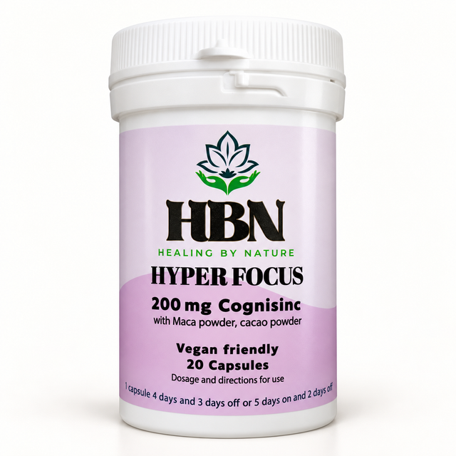 Healing by Nature Hyper Focus bottle labelled 200 mg Cognisinc with maca and cacao powder, 20 vegan-friendly capsules
