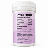 Hyper Focus back label listing 200 mg each of Cognisinc, maca powder and cacao powder, with cautions and storage instructions