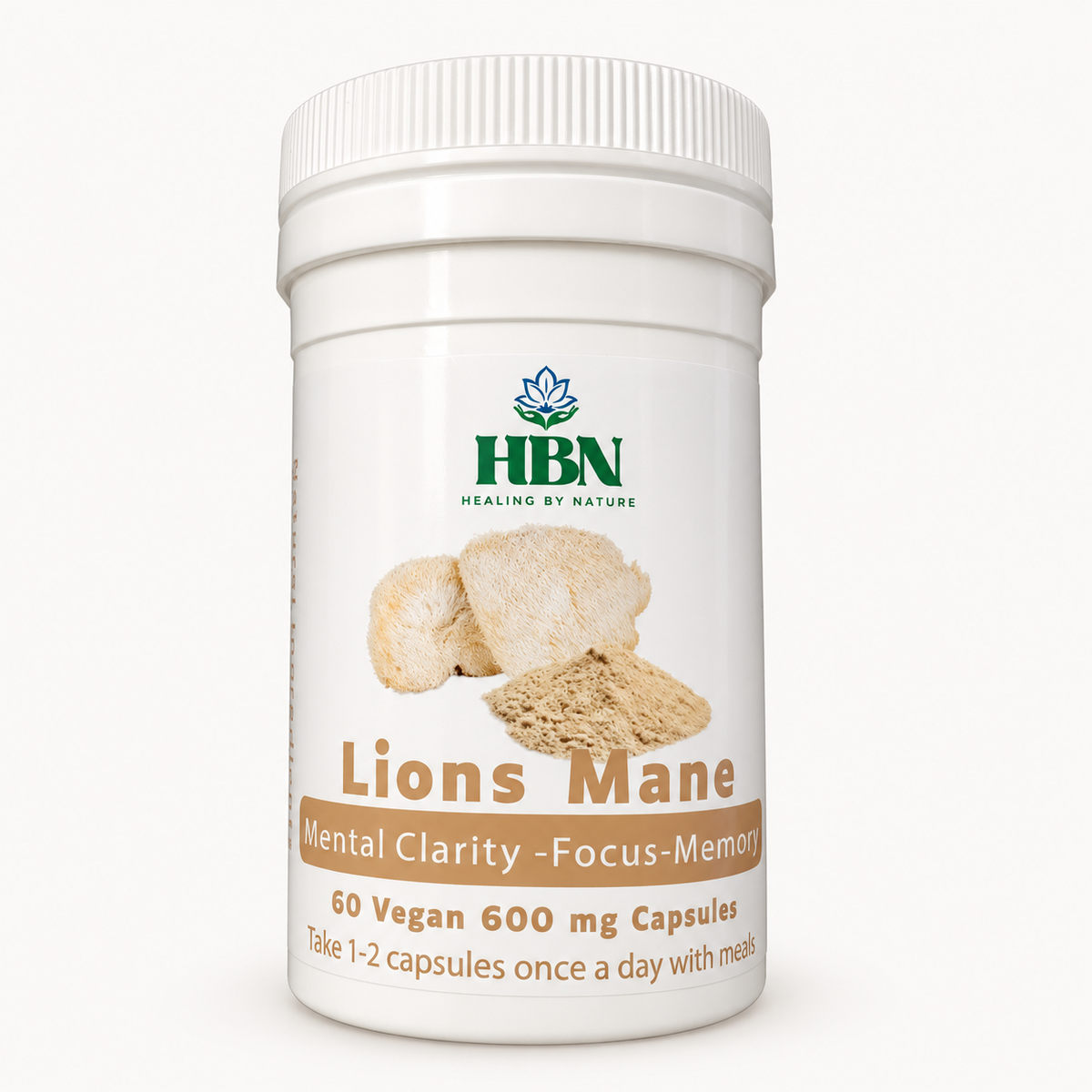 Healing by Nature Lion’s Mane bottle labelled 60 vegan capsules and 600 mg per capsule