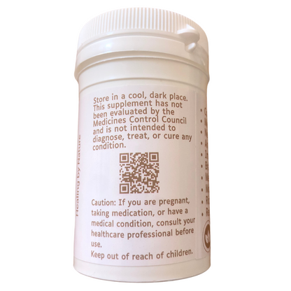 Back label of Healing by Nature Lion’s Mane capsules showing storage instructions, cautions and QR code.