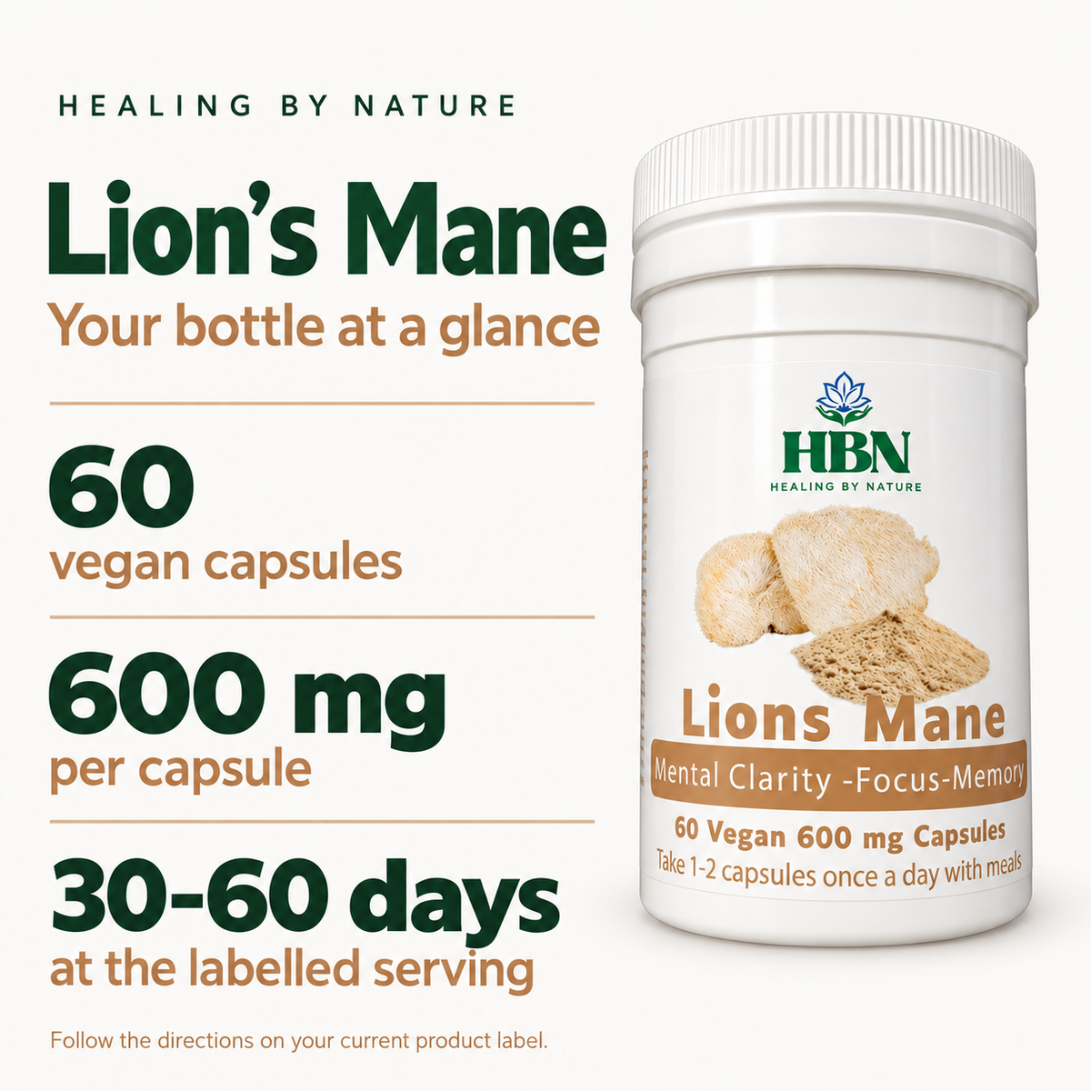 Lion’s Mane bottle facts: 60 vegan capsules, 600 mg per capsule, lasting 30–60 days at the labelled serving.