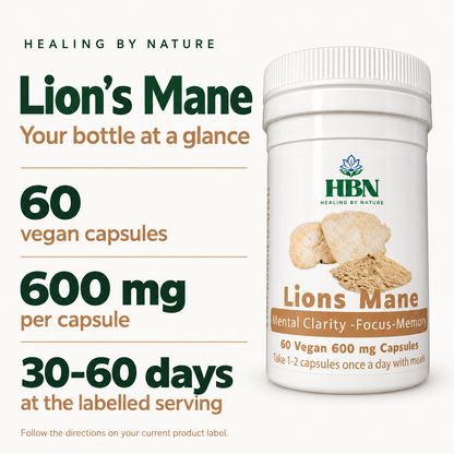 Lion’s Mane bottle facts: 60 vegan capsules, 600 mg per capsule, lasting 30–60 days at the labelled serving.