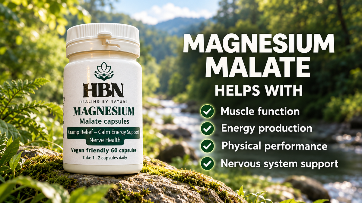 Healing by Nature Magnesium Malate vegan capsules beside a forest stream, highlighting muscle function, energy production, physical performance and nervous system support