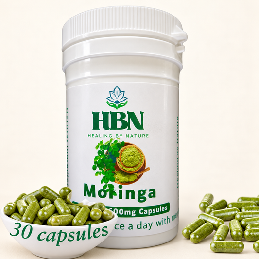 HBN Moringa bottle with a bowl marked 30 capsules and loose capsules