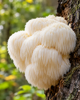 Illustration of Lion’s Mane mushroom (Hericium erinaceus) with cascading white spines growing on a tree trunk