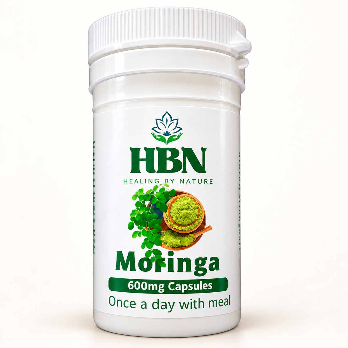 Healing by Nature Moringa bottle labelled 600 mg capsules on a light background