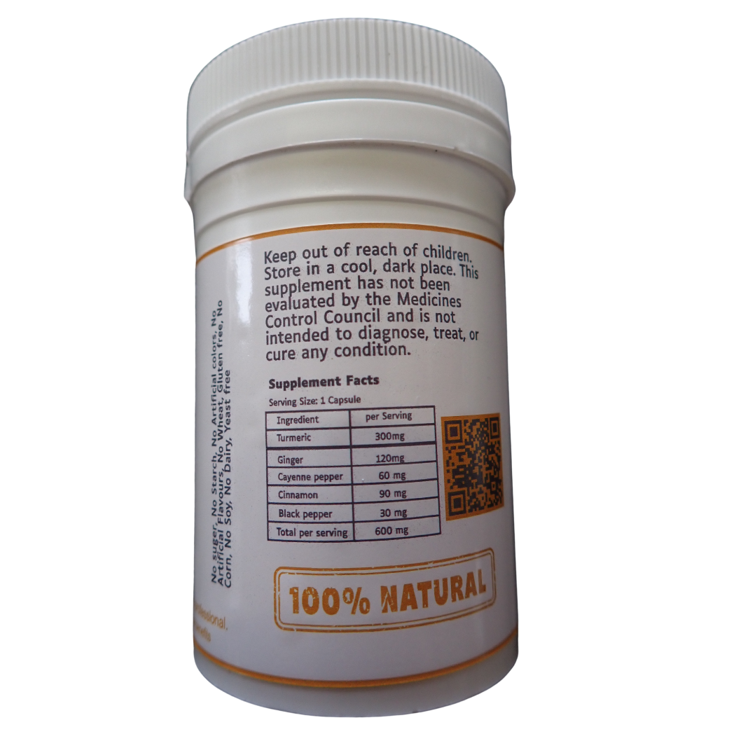 HBN supplement bottle showing ingredient list: turmeric, ginger, cayenne, cinnamon, and black pepper with 100% natural label.