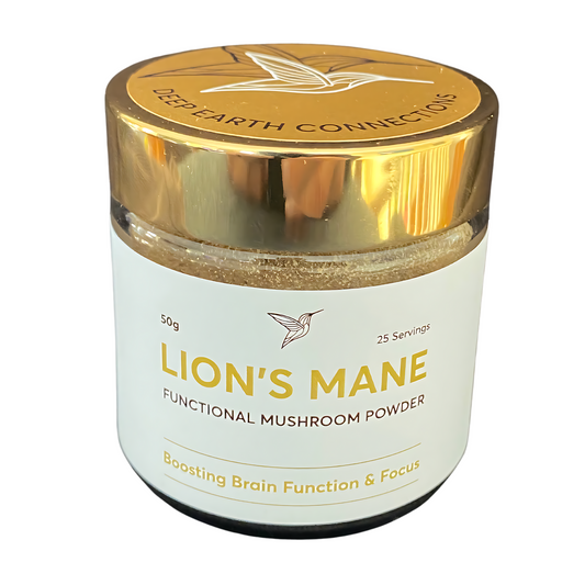 A jar of Lion's Mane functional mushroom powder with a gold lid and a white label, promoting brain function and focus. The label indicates 50g and 25 servings