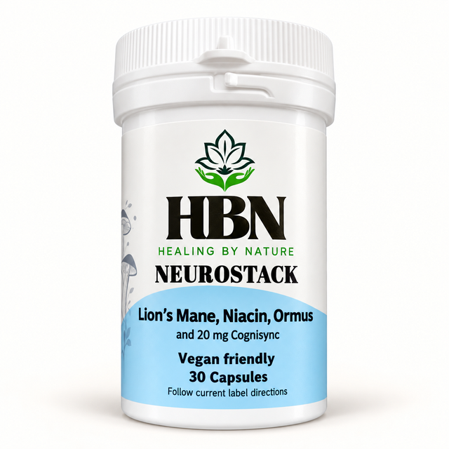 Healing by Nature NeuroStack bottle with 30 vegan capsules and blue front label.