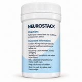 NeuroStack bottle side label with directions, 40 mg niacin information and storage precautions.