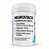 NeuroStack ingredient label showing Lion’s Mane 440 mg, Cognisync 20 mg, niacin 40 mg and Ormus.