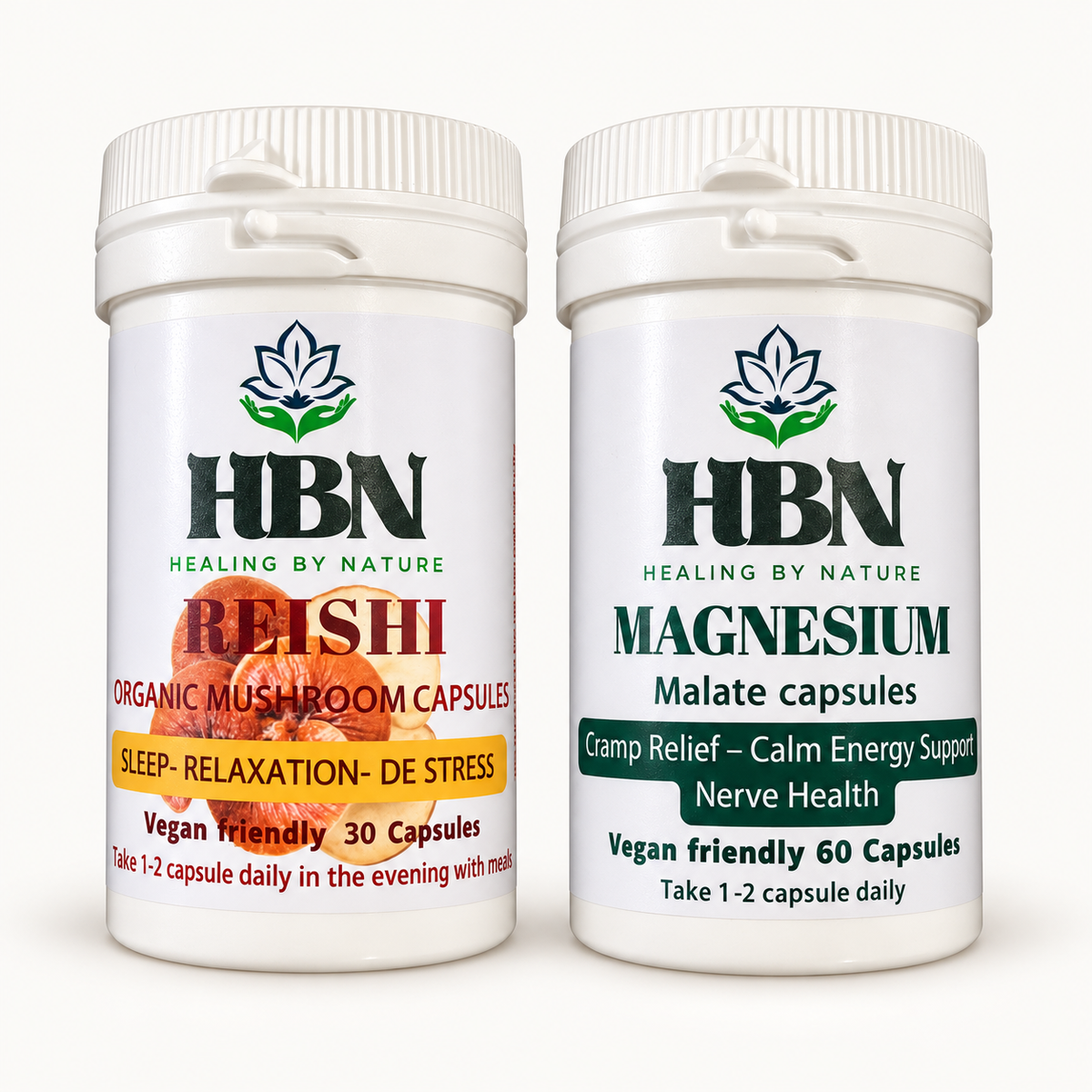 Sleep Protocol with Reishi and Magnesium Malate capsule bottles