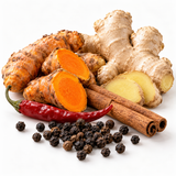 Illustrative turmeric, ginger, cayenne pepper, cinnamon and black pepper in their natural form